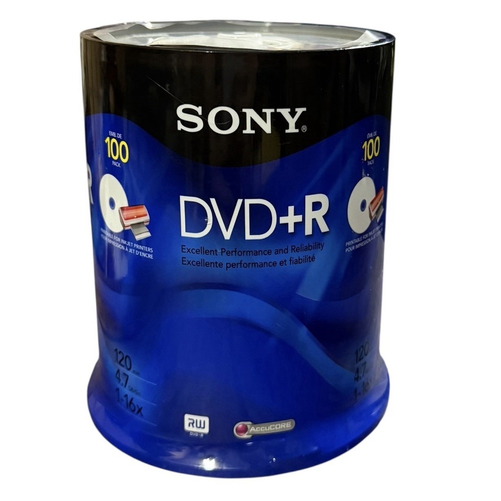 Sony DVD+R 4.7GB 120min 1-16X Recordable Blank Video Discs 100 Pack NEW SEALED